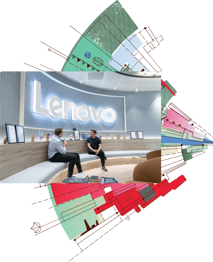 Graphic with Lenovo signage and people sitting down