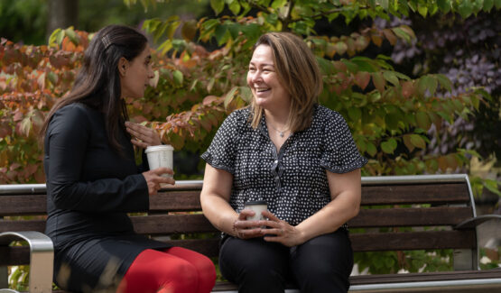 Two people chatting at Farnborough Aerospace Park